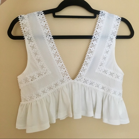 Deep V Neck Sleeveless Ruffle Crop Top - White - Picture 5 of 8